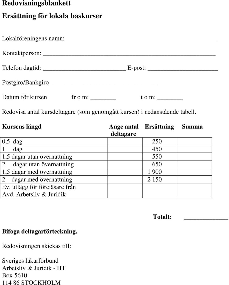 Kursens längd Ange antal Ersättning Summa deltagare 0,5 dag 250 1 dag 450 1,5 dagar utan övernattning 550 2 dagar utan övernattning 650 1,5 dagar med