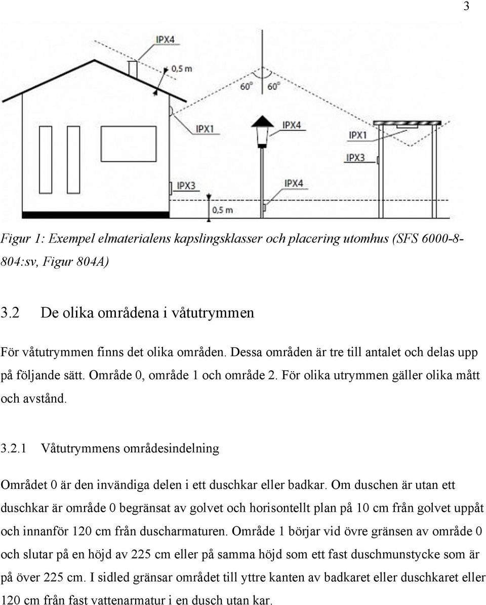 Om duschen är utan ett duschkar är område 0 begränsat av golvet och horisontellt plan på 10 cm från golvet uppåt och innanför 120 cm från duscharmaturen.