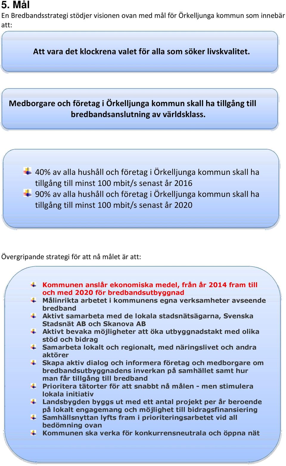 40% av alla hushåll och företag i Örkelljunga kommun skall ha tillgång till minst 100 mbit/s senast år 2016 90% av alla hushåll och företag i Örkelljunga kommun skall ha tillgång till minst 100