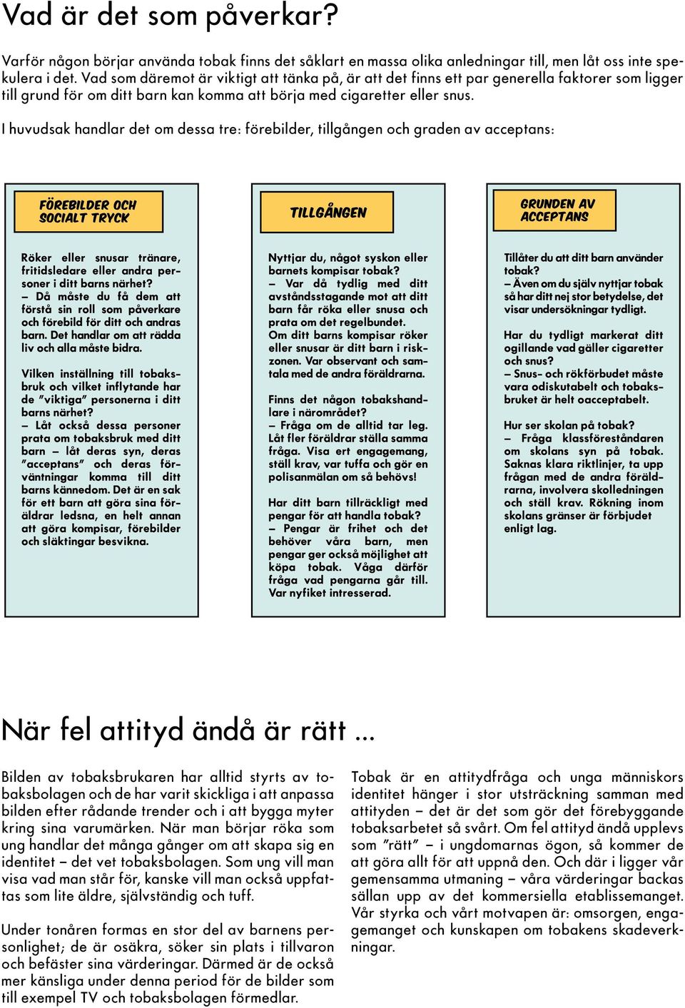 I huvudsak handlar det om dessa tre: förebilder, tillgången och graden av acceptans: När fel attityd ändå är rätt Bilden av tobaksbrukaren har alltid styrts av tobaksbolagen och de har varit