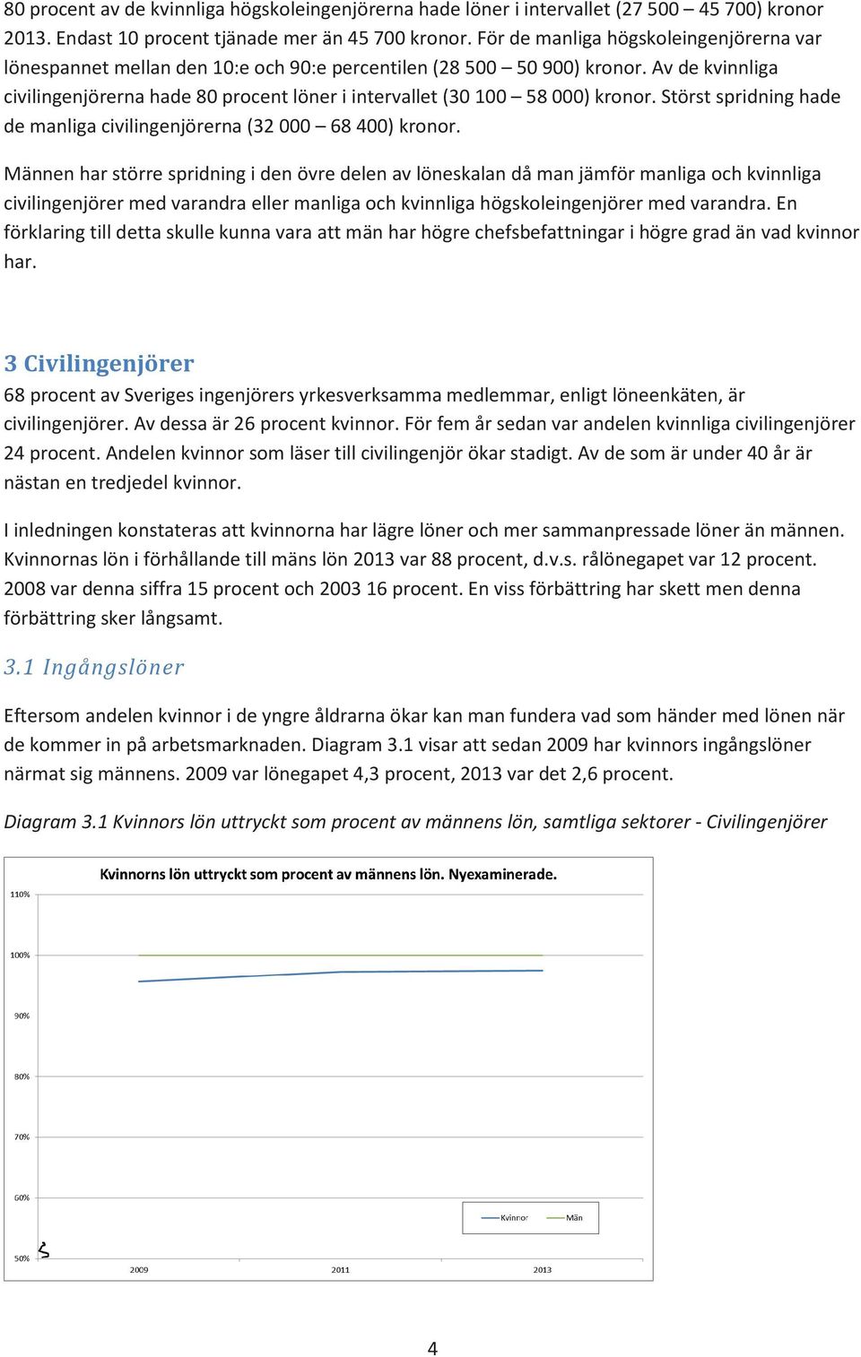 Av de kvinnliga civilingenjörerna hade 80 procent löner i intervallet (30 100 58 000) kronor. Störst spridning hade de manliga civilingenjörerna (32 000 68 400) kronor.