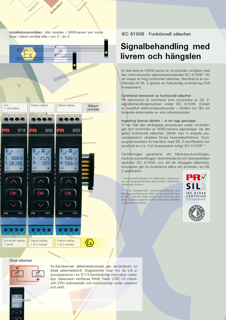 en hög funktionell säkerhet. Barriärerna är certifierade till SIL 2 genom en fullständig utvärdering (Full Assessment).