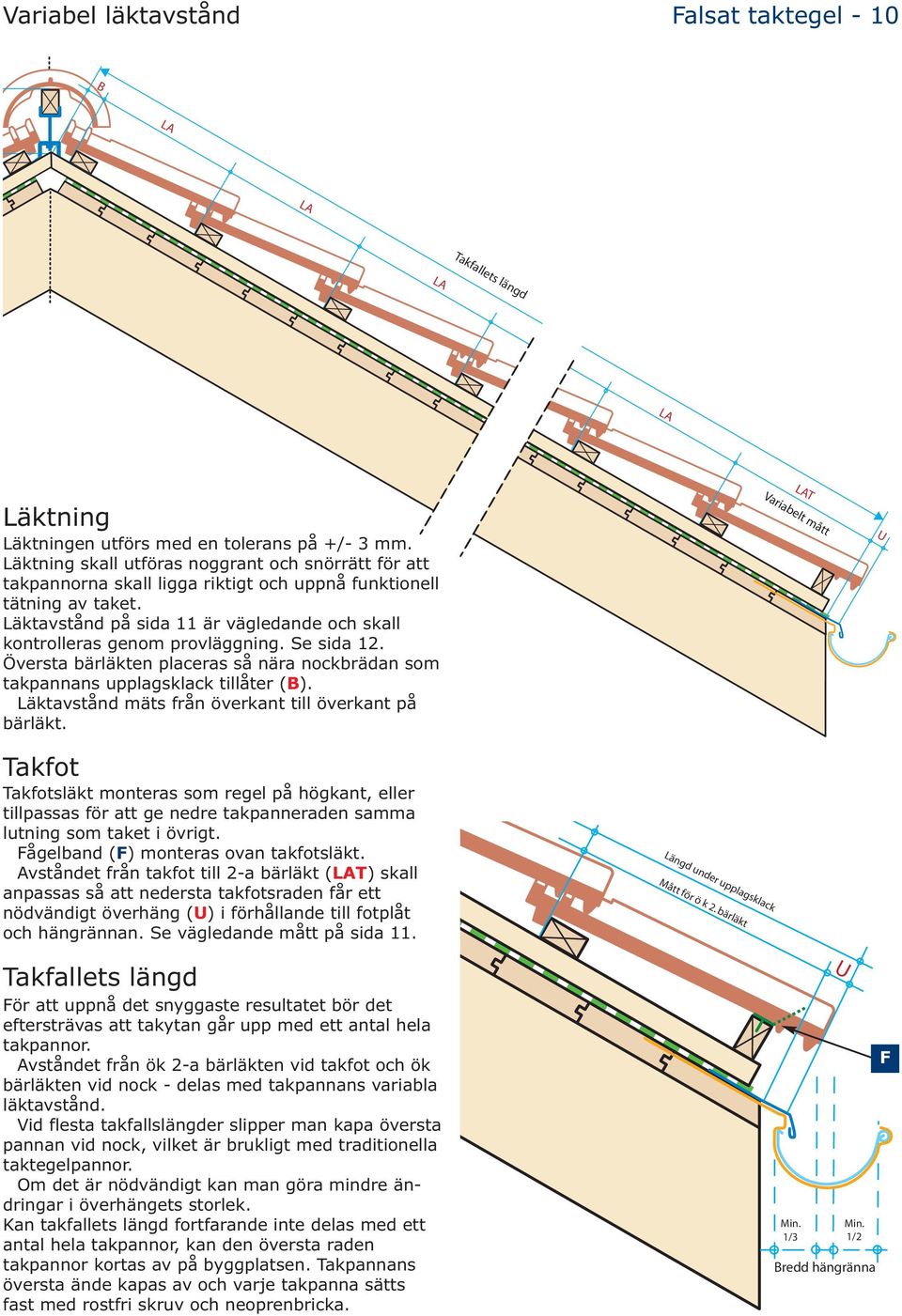 Läktavstånd på sida 11 är vägledande och skall kontrolleras genom provläggning. Se sida 12. Översta bärläkten placeras så nära nockbrädan som takpannans upplagsklack tillåter (B).
