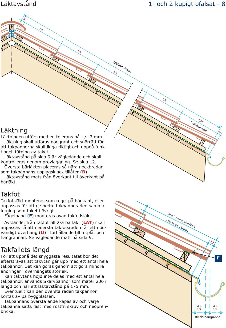 Läktavstånd på sida 9 är vägledande och skall kontrolleras genom provläggning. Se sida 12. Översta bärläkten placeras så nära nockbrädan som takpannans upplagsklack tillåter (B).
