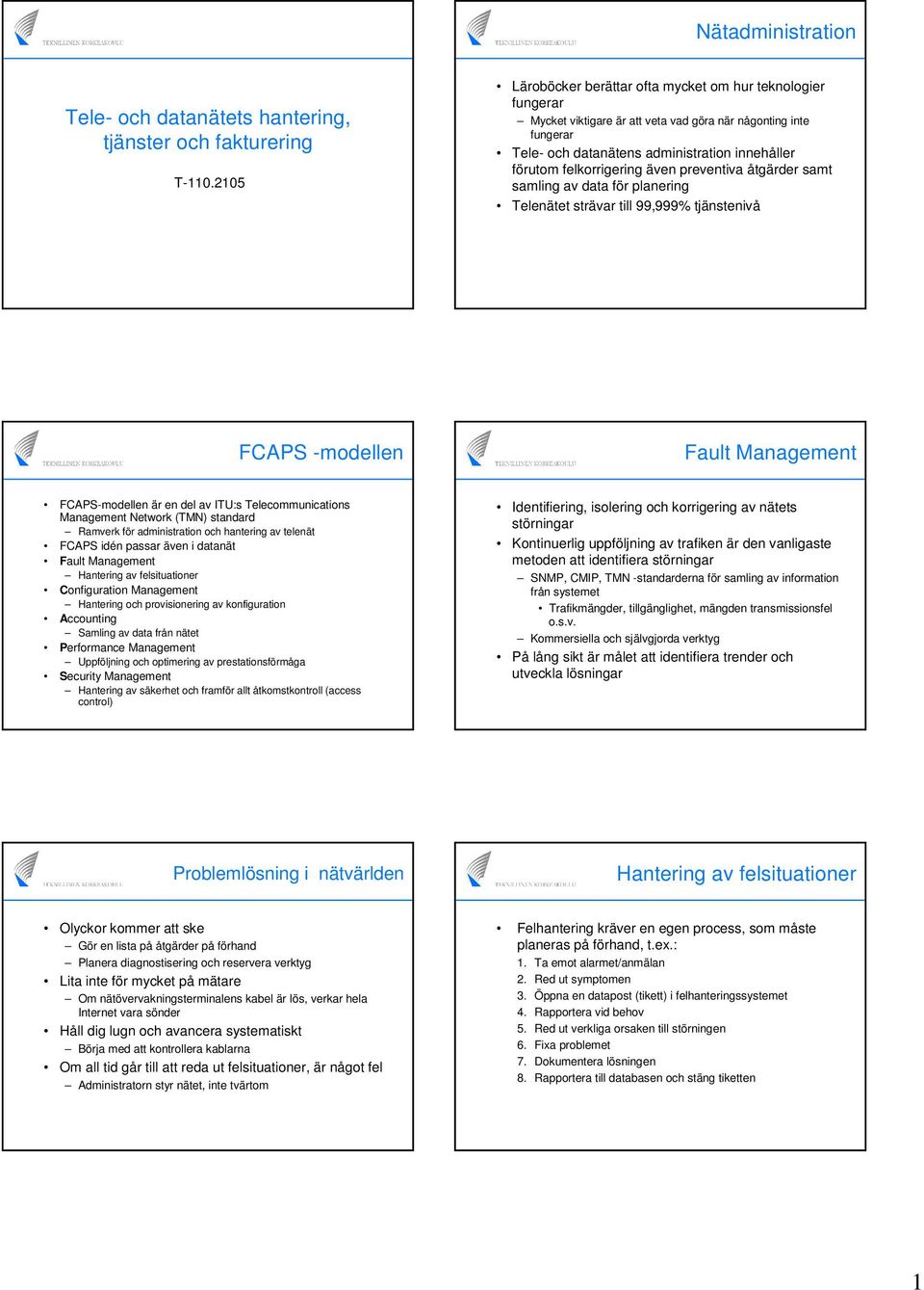 åtgärder samt samling av data för planering Telenätet strävar till 99,999% tjänstenivå FCAPS -modellen Fault Management FCAPS-modellen är en del av ITU:s Telecommunications Management Network (TMN)