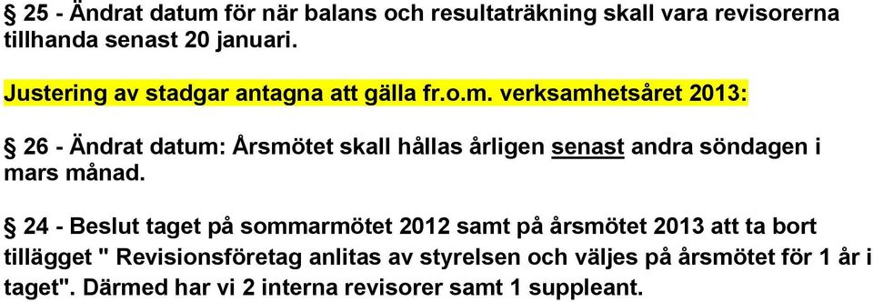 verksamhetsåret 2013: 26 - Ändrat datum: Årsmötet skall hållas årligen senast andra söndagen i mars månad.