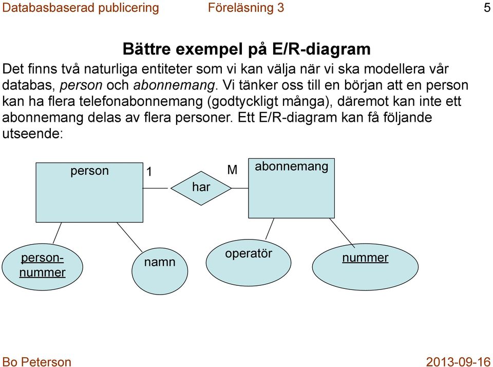 Vi tänker oss till en början att en person kan ha flera telefonabonnemang (godtyckligt många), däremot kan