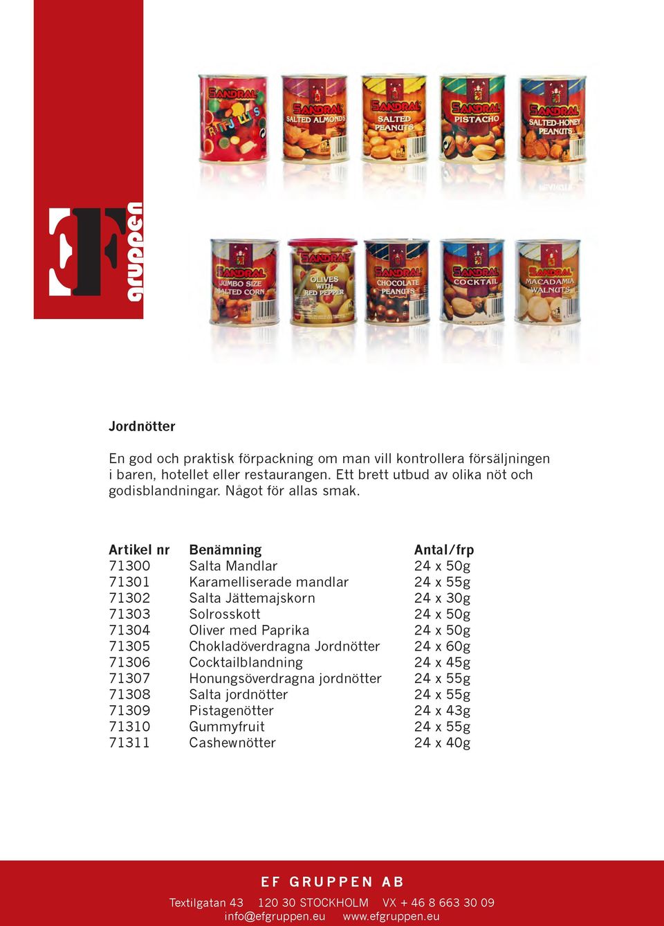Artikel nr Benämning Antal/frp 71300 Salta Mandlar 24 x 50g 71301 Karamelliserade mandlar 24 x 55g 71302 Salta Jättemajskorn 24 x 30g 71303 Solrosskott 24