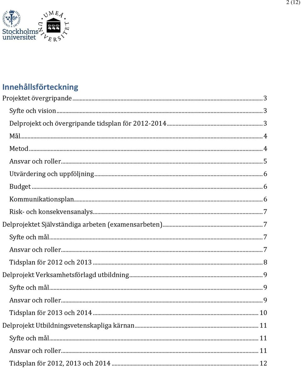 .. 7 Delprojektet Självständiga arbeten (examensarbeten)... 7 Syfte och mål... 7 Ansvar och roller... 7 Tidsplan för 2012 och 2013.