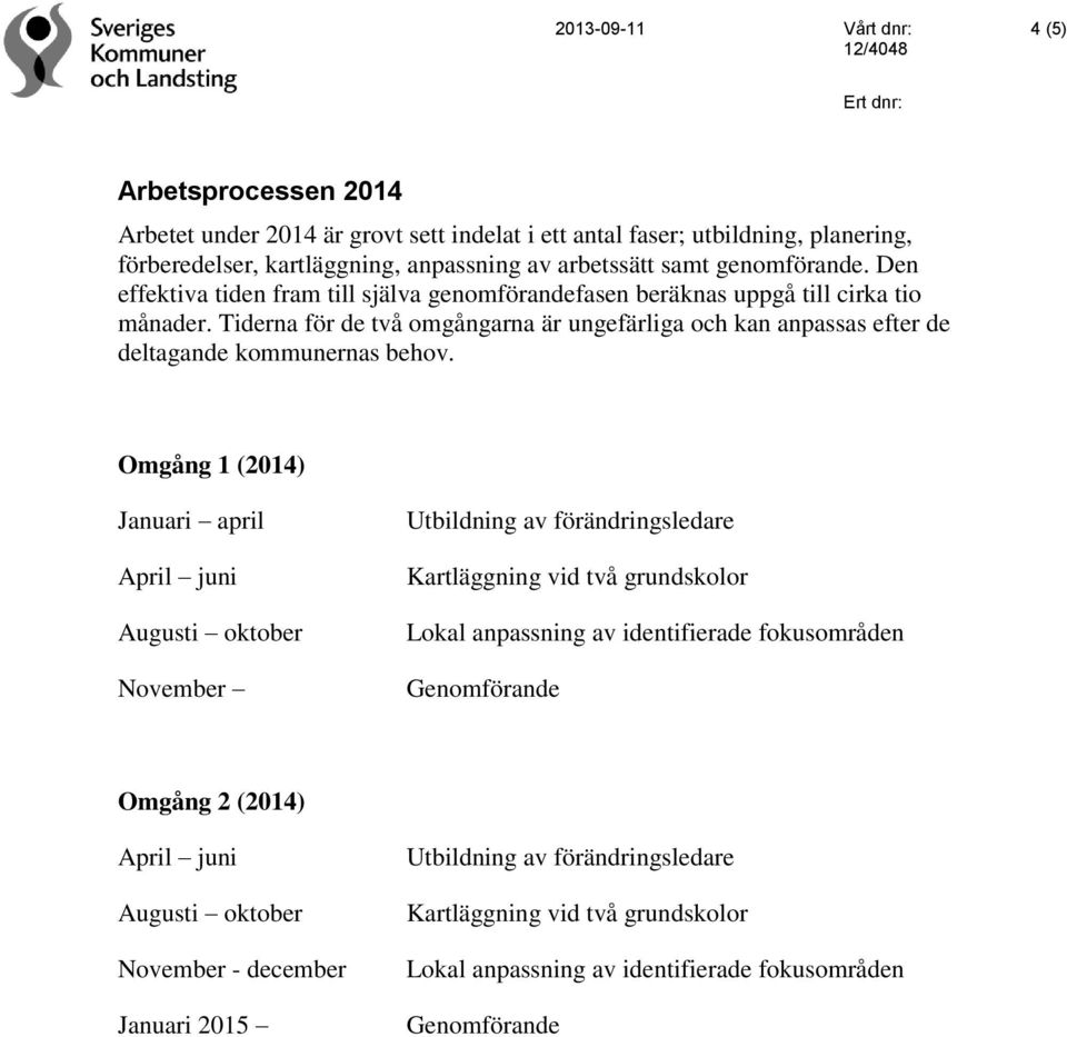 Tiderna för de två omgångarna är ungefärliga och kan anpassas efter de deltagande kommunernas behov.