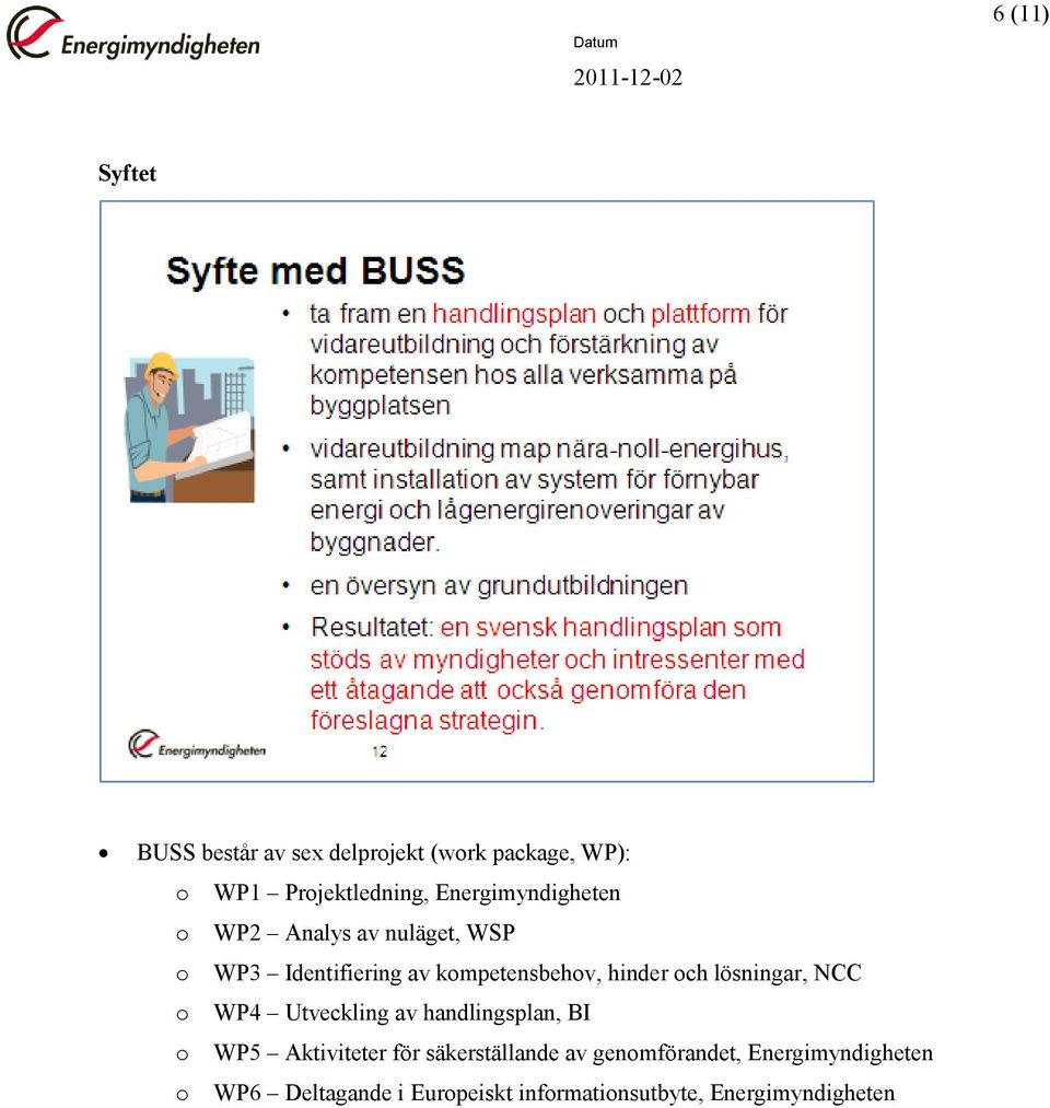 ch lösningar, NCC WP4 Utveckling av handlingsplan, BI WP5 Aktiviteter för säkerställande