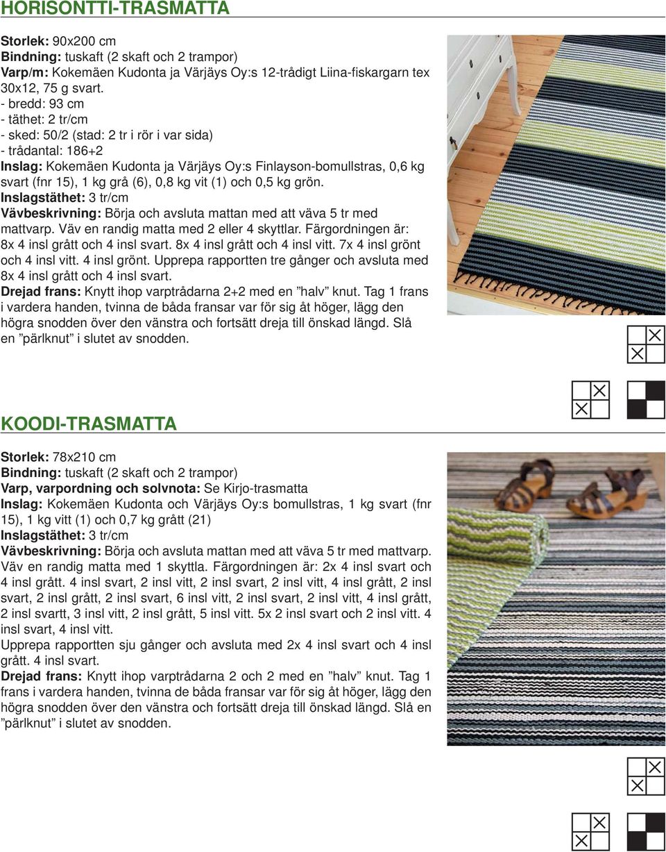 kg vit (1) och 0,5 kg grön. Inslagstäthet: 3 tr/cm Vävbeskrivning: Börja och avsluta mattan med att väva 5 tr med mattvarp. Väv en randig matta med 2 eller 4 skyttlar.