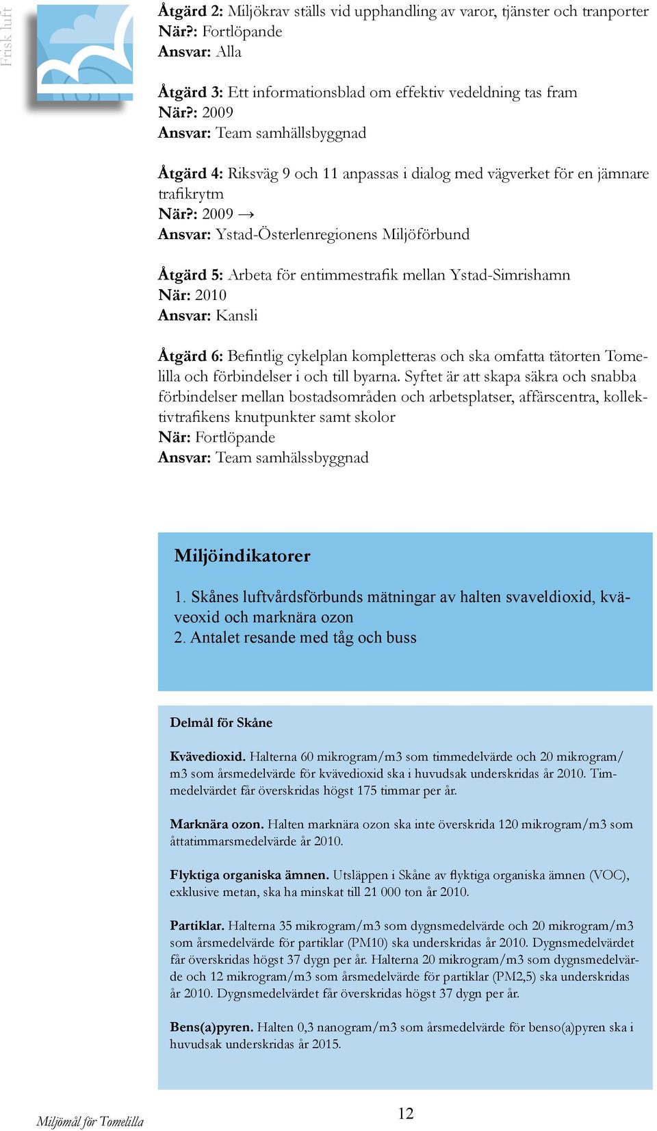 : 2009 Ansvar: Ystad-Österlenregionens Miljöförbund Åtgärd 5: Arbeta för entimmestrafik mellan Ystad-Simrishamn När: 2010 Ansvar: Kansli Åtgärd 6: Befintlig cykelplan kompletteras och ska omfatta