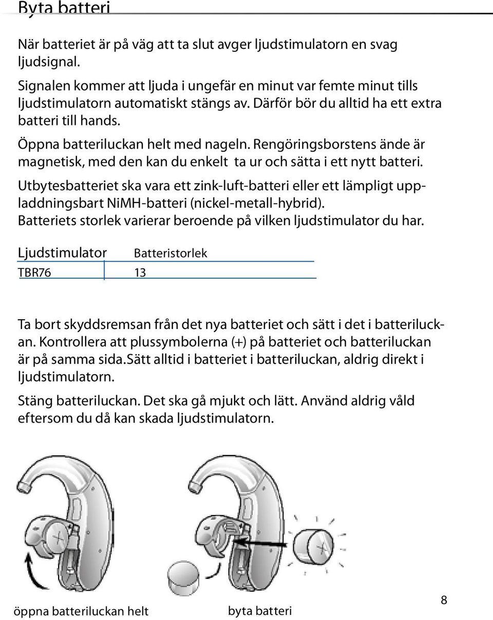 Utbytesbatteriet ska vara ett zink-luft-batteri eller ett lämpligt uppladdningsbart NiMH-batteri (nickel-metall-hybrid). Batteriets storlek varierar beroende på vilken ljudstimulator du har.