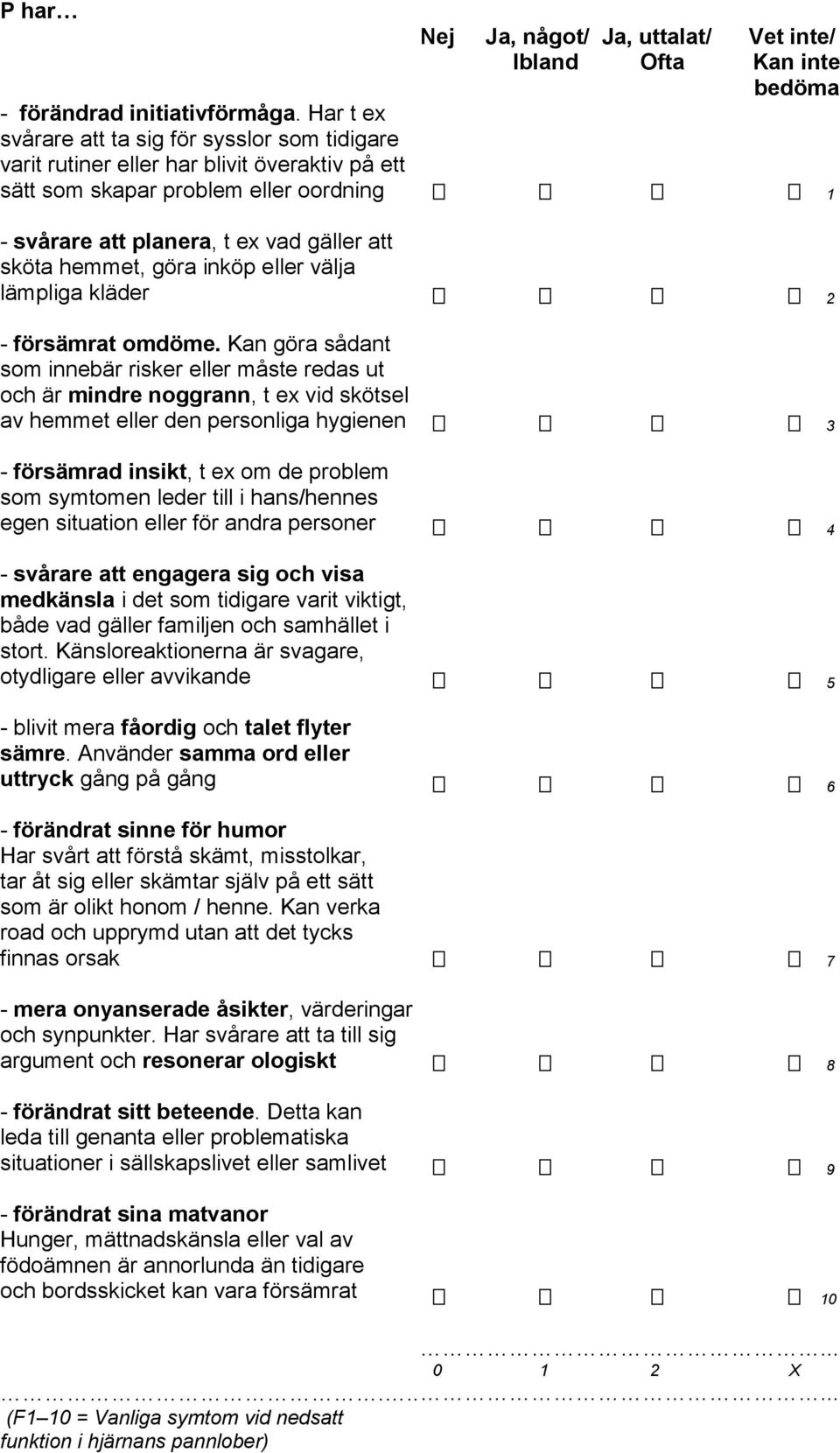 göra inköp eller välja lämpliga kläder - försämrat omdöme.