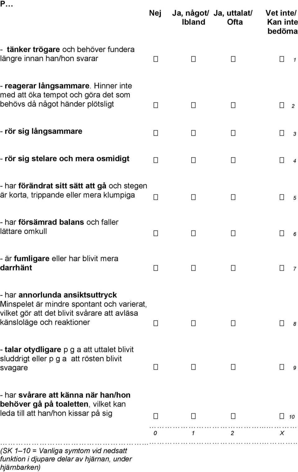 trippande eller mera klumpiga - har försämrad balans och faller lättare omkull - är fumligare eller har blivit mera darrhänt - har annorlunda ansiktsuttryck Minspelet är mindre spontant och varierat,