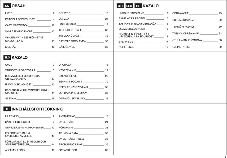 SKLAPANJE 17 USKLADIŠTAVANJE 29 TEHNIČKI PODACI 30 TABLICA ODRŽAVANJA 33 OTKLANJANJE KVAROVA 36 MONTÁŽ 16 ZÁRUČNÝ LIST 38 KORIŠTENJE 19 GARANTNI LIST 39 SLO KAZALO UVOD 2 UPORABA 18 VARNOSTNA