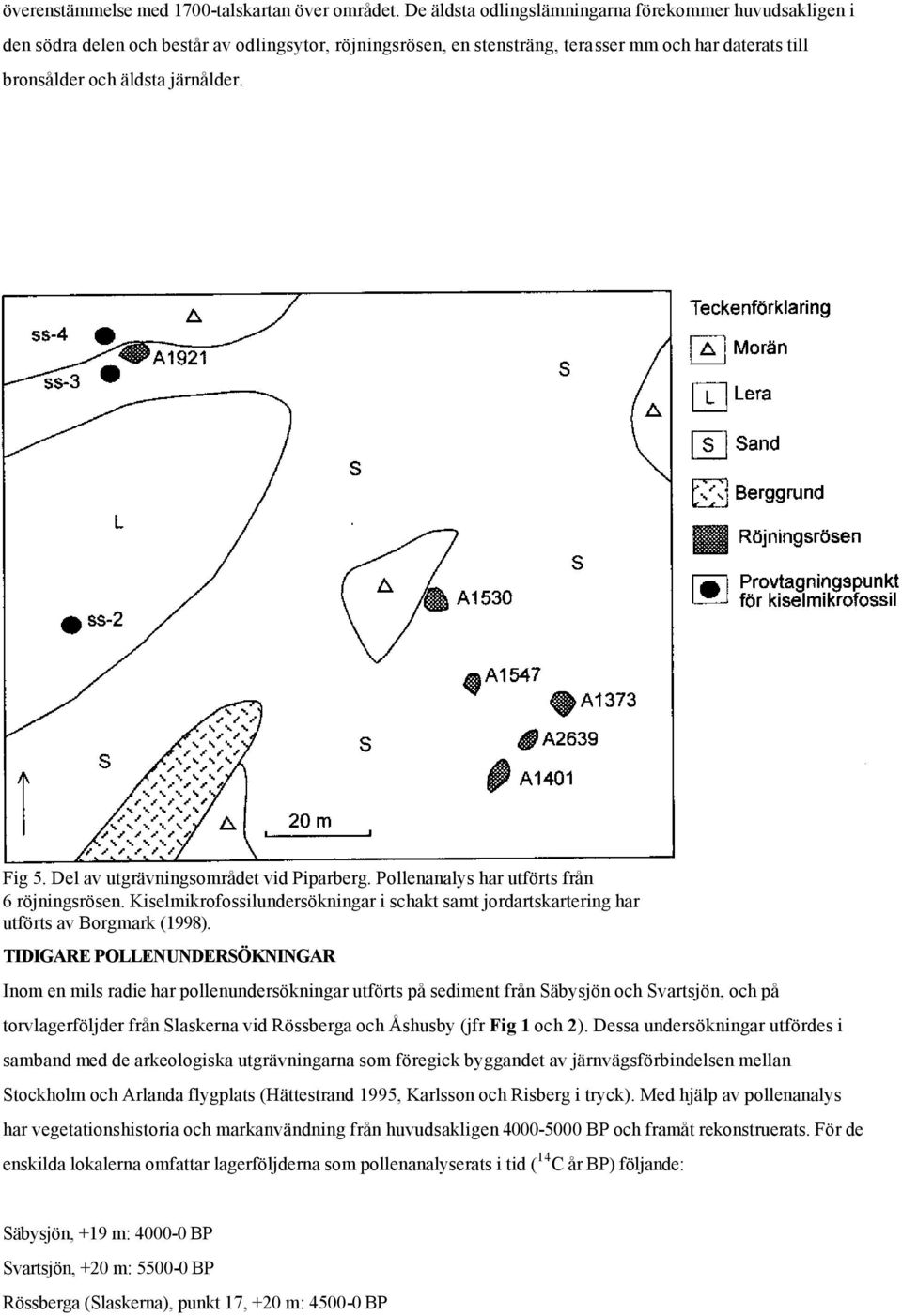 Fig 5. Del av utgrävningsområdet vid Piparberg. Pollenanalys har utförts från 6 röjningsrösen. Kiselmikrofossilundersökningar i schakt samt jordartskartering har utförts av Borgmark (1998).