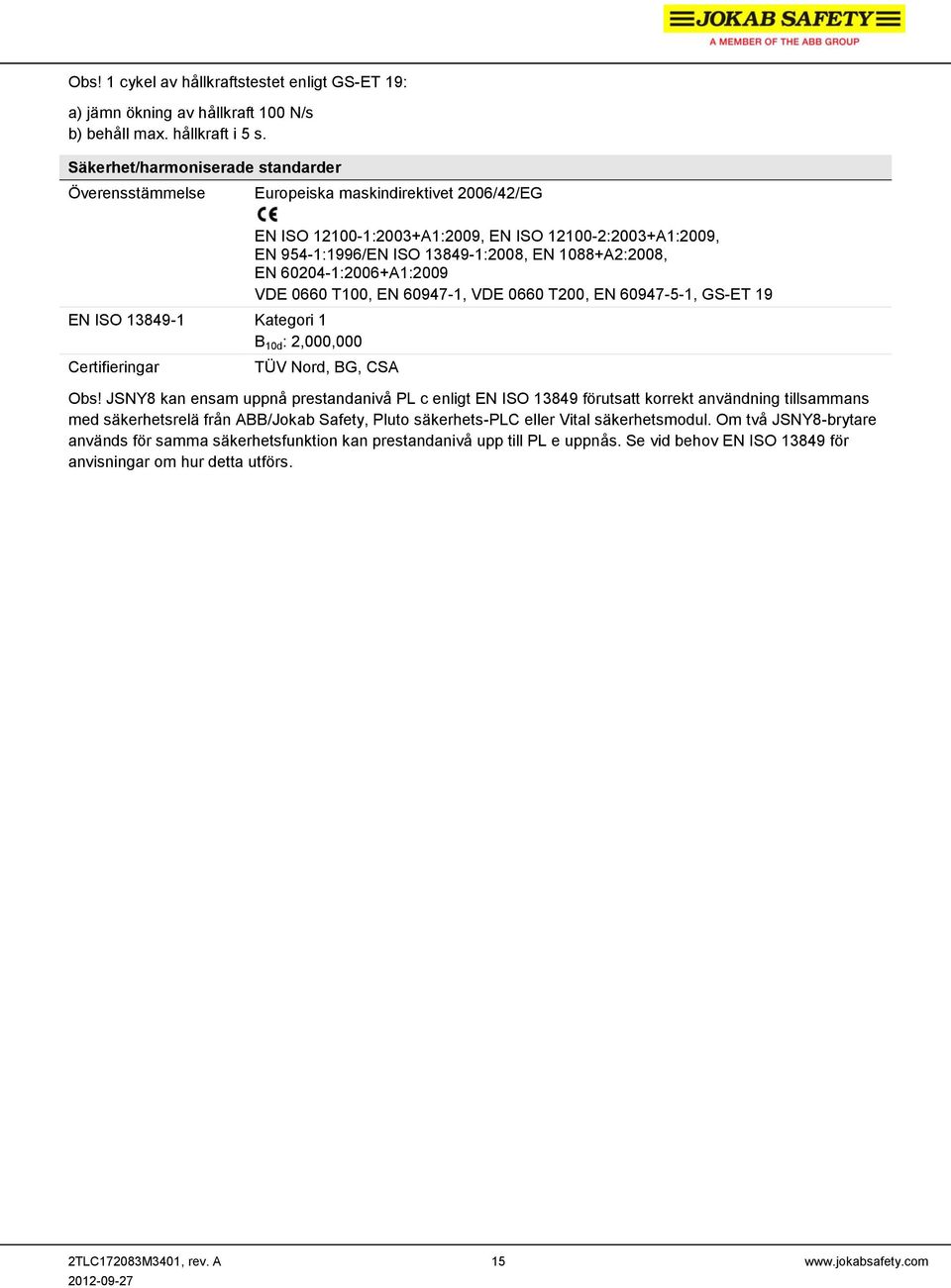 12100-2:2003+A1:2009, EN 954-1:1996/EN ISO 13849-1:2008, EN 1088+A2:2008, EN 60204-1:2006+A1:2009 VDE 0660 T100, EN 60947-1, VDE 0660 T200, EN 60947-5-1, GS-ET 19 TÜV Nord, BG, CSA Obs!