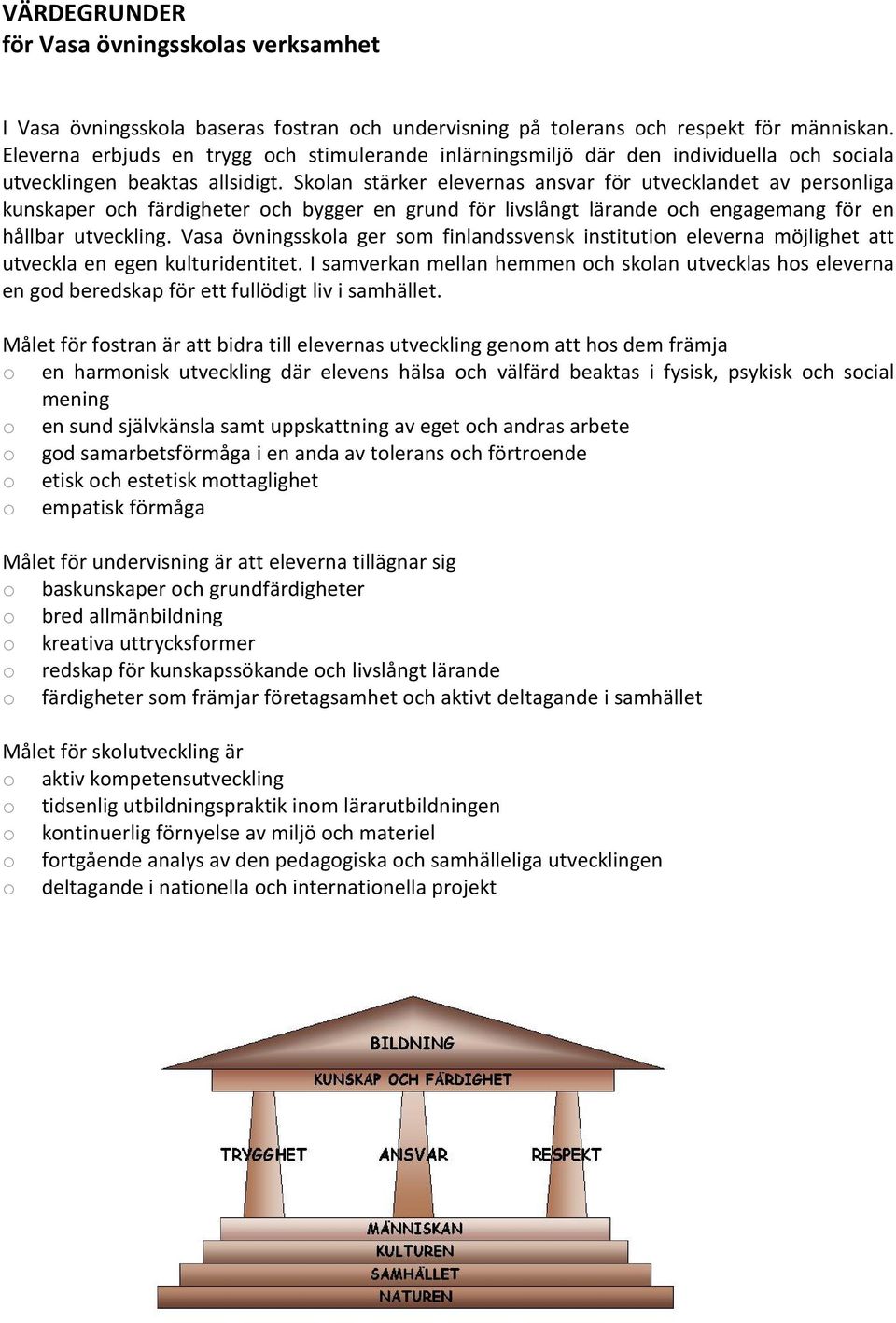 Skolan stärker elevernas ansvar för utvecklandet av personliga kunskaper och färdigheter och bygger en grund för livslångt lärande och engagemang för en hållbar utveckling.