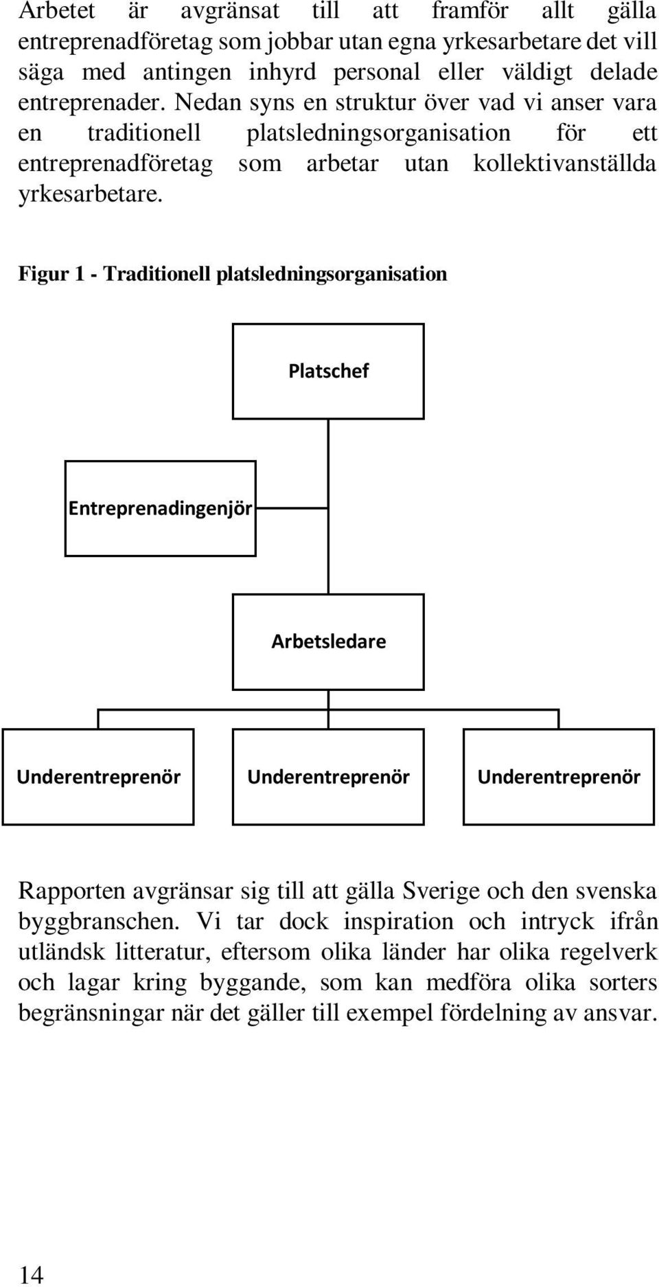 Figur 1 - Traditionell platsledningsorganisation Platschef Entreprenadingenjör Arbetsledare Underentreprenör Underentreprenör Underentreprenör Rapporten avgränsar sig till att gälla Sverige och den