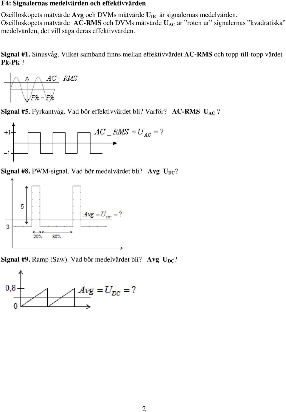Signal #1. Sinusvåg. Vilket samband finns mellan effektivvärdet AC-RMS och topp-till-topp värdet Pk-Pk? Signal #5. Fyrkantvåg.