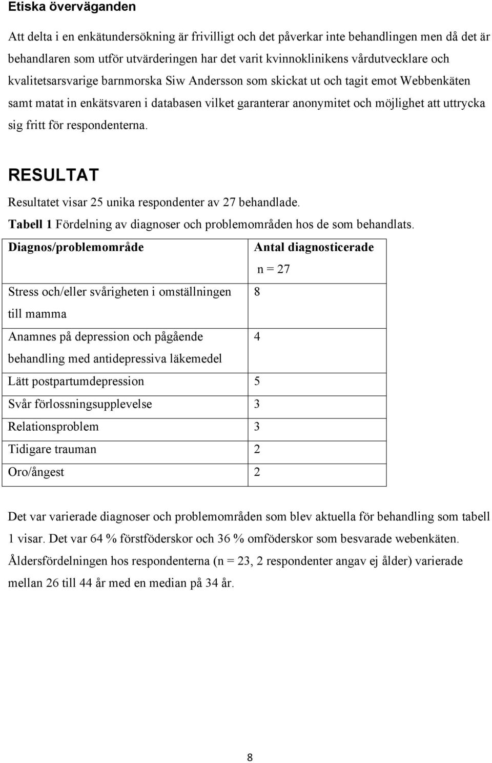respondenterna. RESULTAT Resultatet visar 25 unika respondenter av 27 behandlade. Tabell 1 Fördelning av diagnoser och problemområden hos de som behandlats.