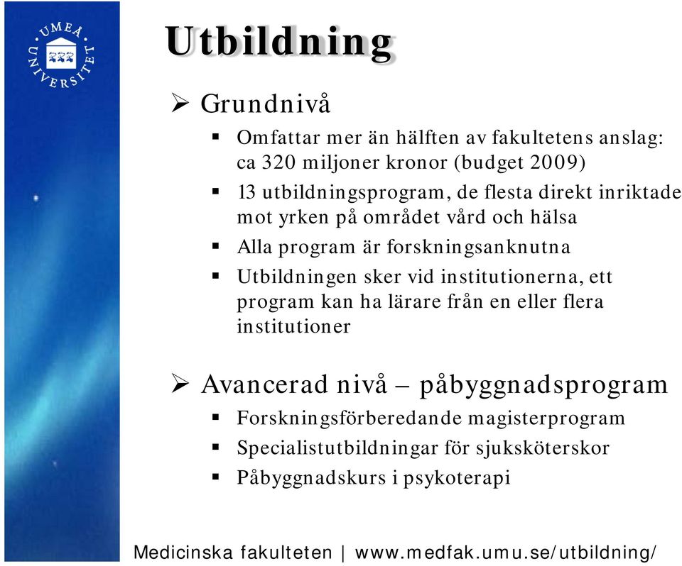 Utbildningen sker vid institutionerna, ett program kan ha lärare från en eller flera institutioner Avancerad nivå