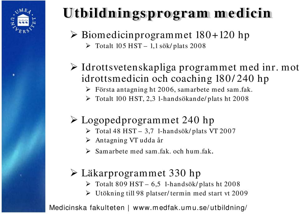 Totalt 100 HST, 2,3 1-handsökande/plats ht 2008 Logopedprogrammet 240 hp Total 48 HST 3,7 1-handsök/plats VT 2007 Antagning VT udda