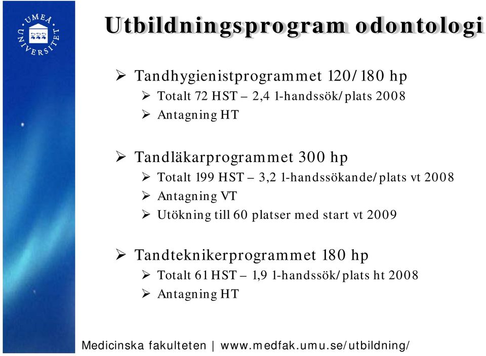 1-handssökande/plats vt 2008 Antagning VT Utökning till 60 platser med start vt 2009