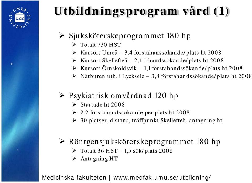 i Lycksele 3,8 förstahandssökande/plats ht 2008 Psykiatrisk omvårdnad 120 hp Startade ht 2008 2,2 förstahandssökande per plats ht