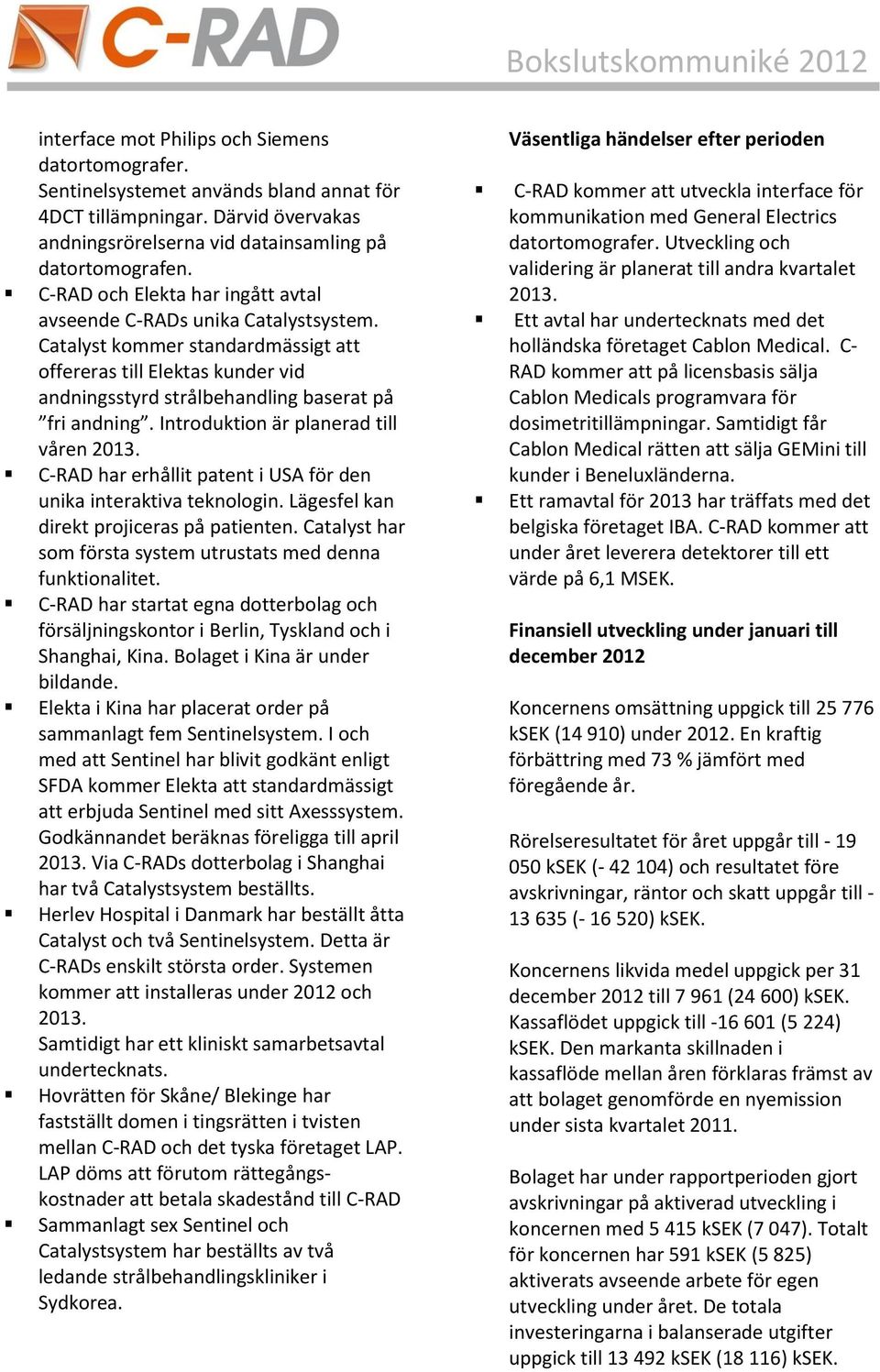 Introduktion är planerad till våren 2013. C-RAD har erhållit patent i USA för den unika interaktiva teknologin. Lägesfel kan direkt projiceras på patienten.