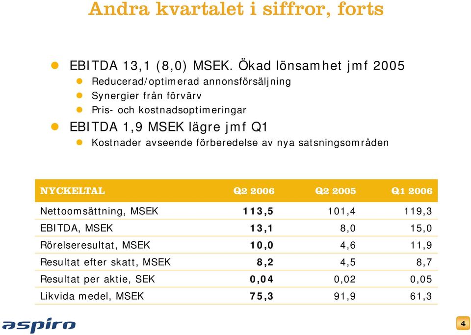 MSEK lägre jmf Q1 Kostnader avseende förberedelse av nya satsningsområden NYCKELTAL Q2 2006 Q2 2005 Q1 2006 Nettoomsättning,