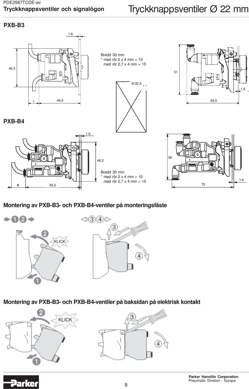 = 10 med rör 2,7 x 4 mm = 15 75 1-6 Montering av PXB-B3- och PXB-B4-ventiler på