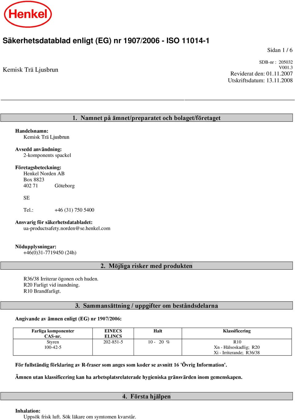 : +46 (31) 750 5400 Ansvarig för säkerhetsdatabladet: ua-productsafety.norden@se.henkel.com Nödupplysningar: +46(0)31-7719450 (24h) R36/38 Irriterar ögonen och huden. R20 Farligt vid inandning.