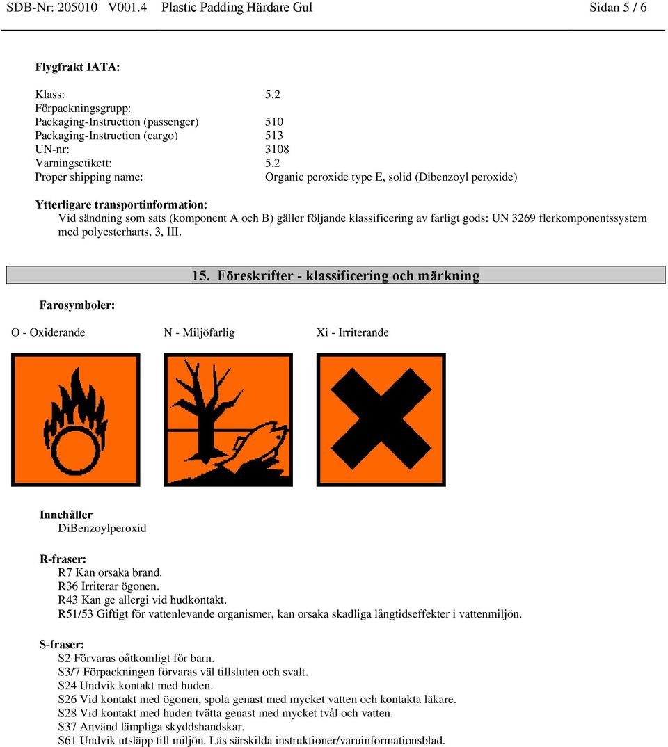 UN 3269 flerkomponentssystem med polyesterharts, 3, III. Farosymboler: 15.