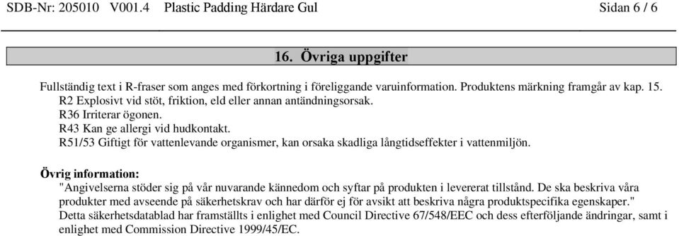 R51/53 Giftigt för vattenlevande organismer, kan orsaka skadliga långtidseffekter i vattenmiljön.