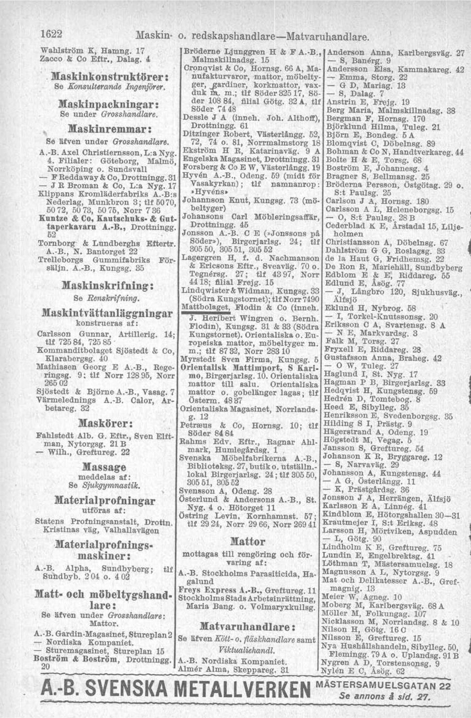 17 Klippans Kromläderfabriks A.-B:s Nederlag, Munkbron 3; tif 5070, 5072, 5073, 5075, Norr 736 Kuntze & Co, Kautschuks & Gut taperkavaru Å.-B., Drottningg. 52 '. Tornborg- & Lundberghs Eftertr. A.-B., N. Bantorget 22 Trelleborgs Gummifabriks Försäljn.