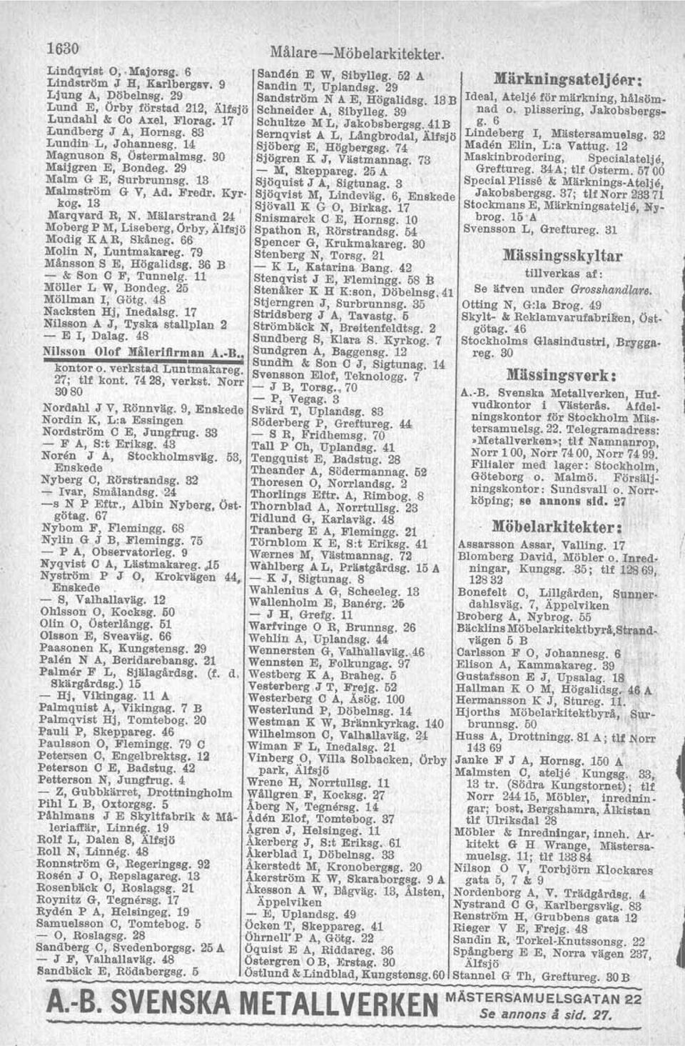 66. Molin N, Luntmakareg. 79 Månsson S E, Högalidsg. 36 B - & Son e F, Tunnelg. 11 Möller L W, Bondeg. 25 Möllman I, Götg. 48 Nacksten 'Hj, Inedalsg. 17 Nilsson A J, Tyska s.tallplan 2 - E I, Dalag.