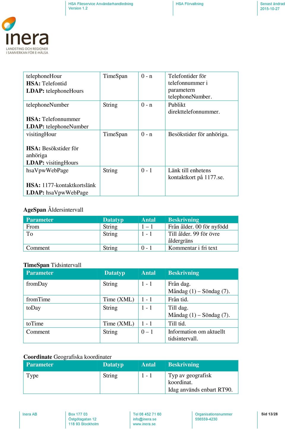 String 0-1 Länk till enhetens kontaktkort på 1177.se. AgeSpan Åldersintervall Parameter Datatyp Antal Beskrivning From String 1 1 Från ålder. 00 för nyfödd To String 1-1 Till ålder.