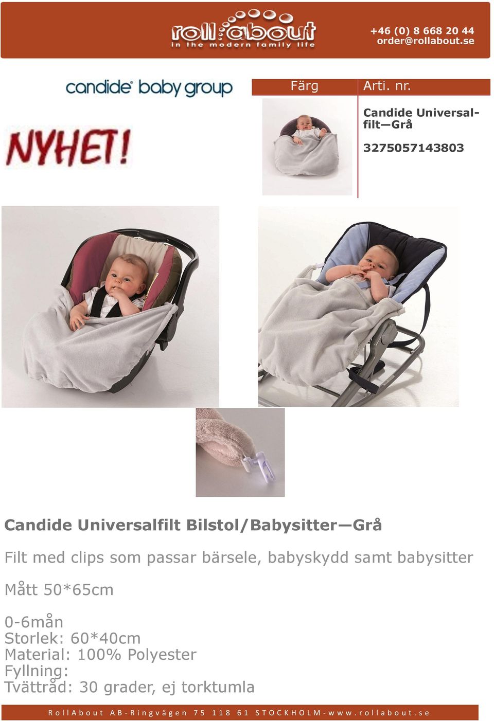 Filt med clips som passar bärsele, babyskydd samt babysitter Mått 50*65cm 0-6mån