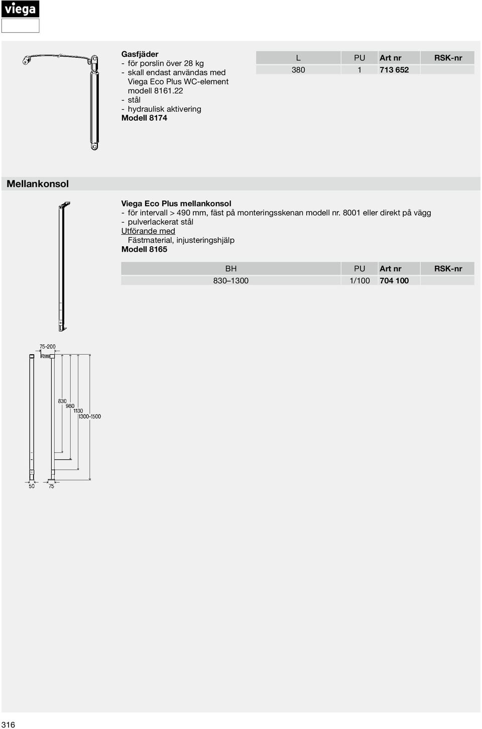 Plus mellankonsol för intervall > 490 mm, fäst på monteringsskenan modell nr.