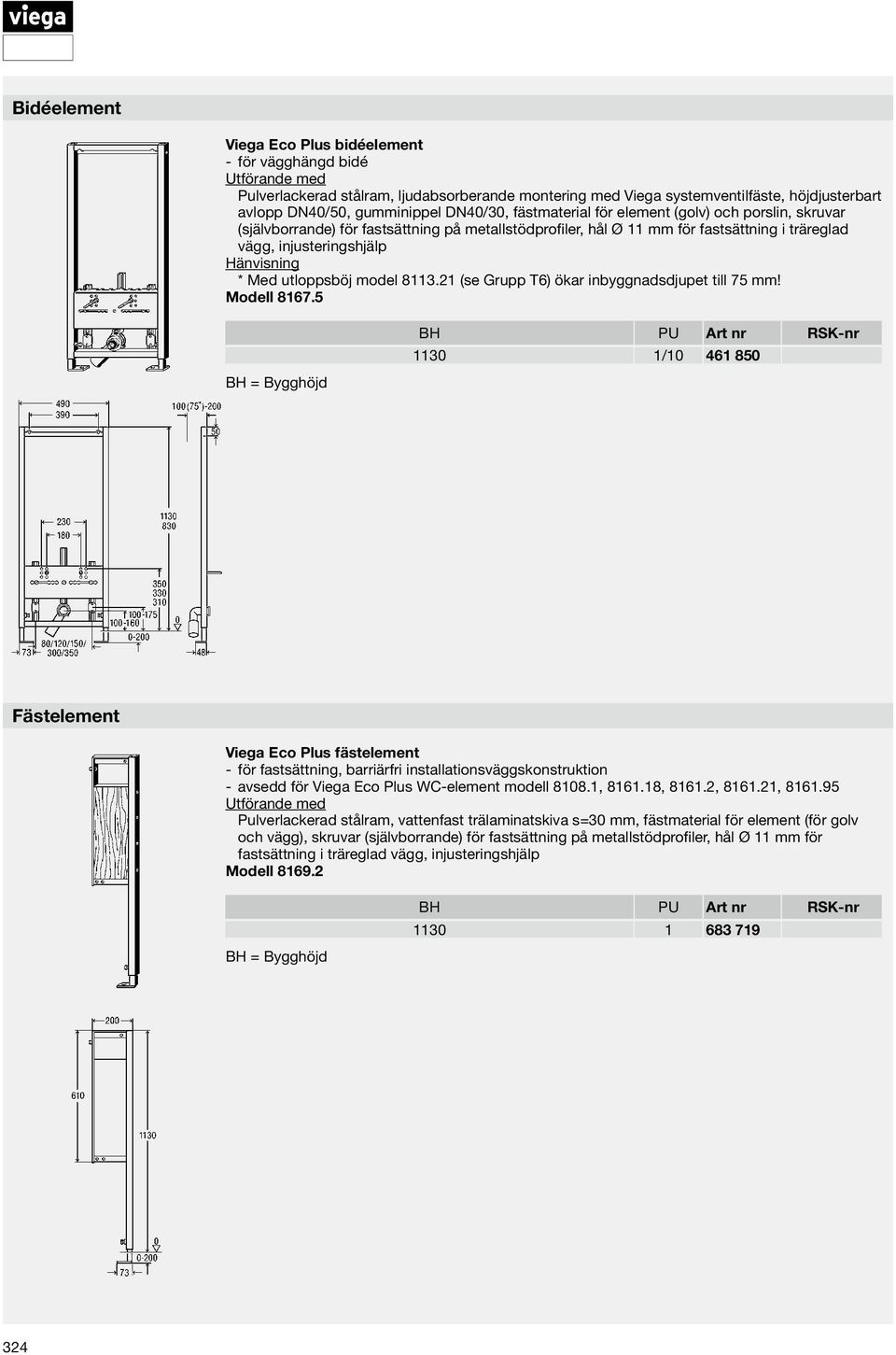 8113.21 (se Grupp T6) ökar inbyggnadsdjupet till 75 mm! Modell 8167.