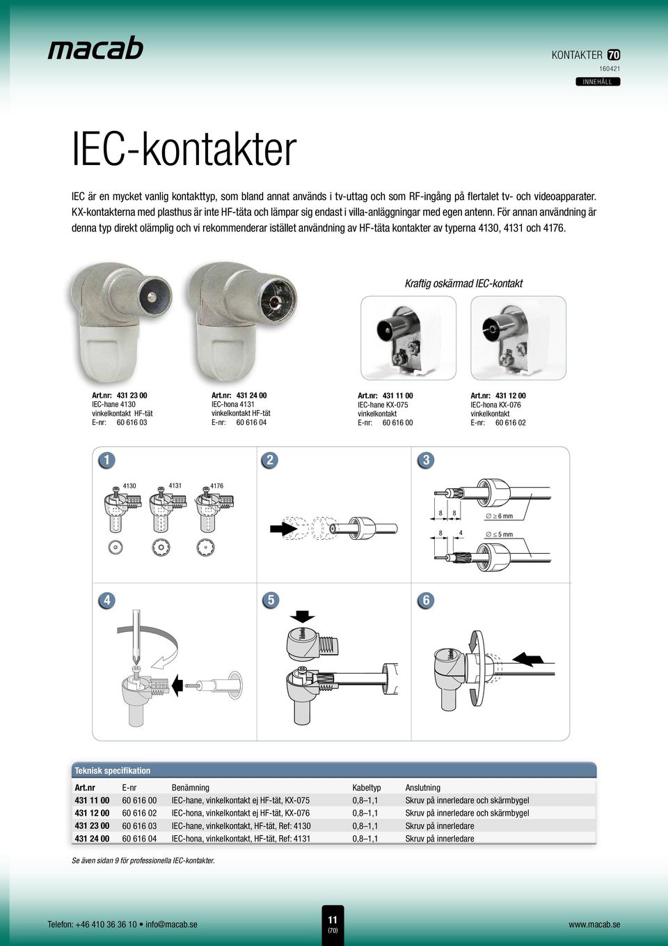 För annan användning är denna typ direkt olämplig och vi rekommenderar istället användning av HF-täta kontakter av typerna 4130, 4131 och 4176. Kraftig oskärmad IEC-kontakt Art.