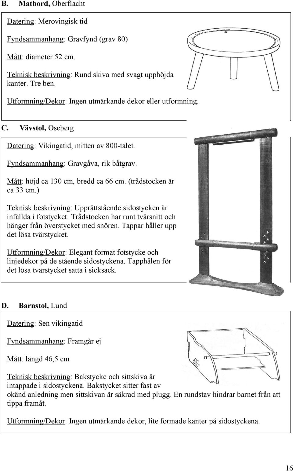 (trådstocken är ca 33 cm.) Teknisk beskrivning: Upprättstående sidostycken är infällda i fotstycket. Trådstocken har runt tvärsnitt och hänger från överstycket med snören.