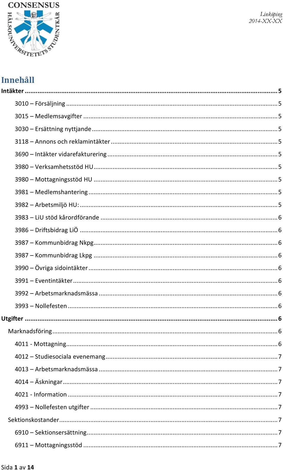 .. 6 3990 Övriga sidointäkter... 6 3991 Eventintäkter... 6 3992 Arbetsmarknadsmässa... 6 3993 Nollefesten... 6 Utgifter... 6 Marknadsföring... 6 4011 - Mottagning... 6 4012 Studiesociala evenemang.