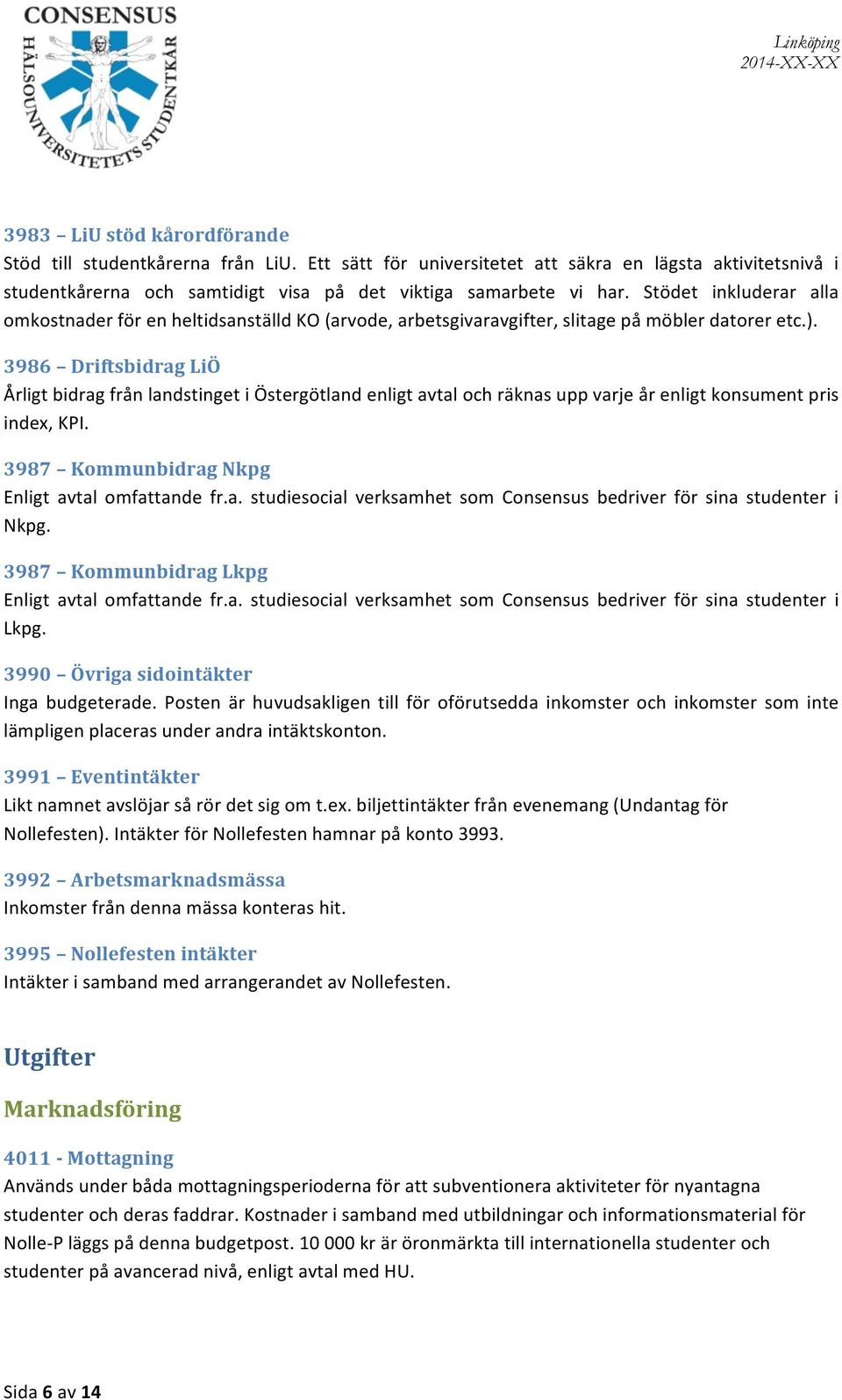 3986 Driftsbidrag LiÖ Årligt bidrag från landstinget i Östergötland enligt avtal och räknas upp varje år enligt konsument pris index, KPI. 3987 Kommunbidrag Nkpg Enligt avtal omfattande fr.a. studiesocial verksamhet som Consensus bedriver för sina studenter i Nkpg.