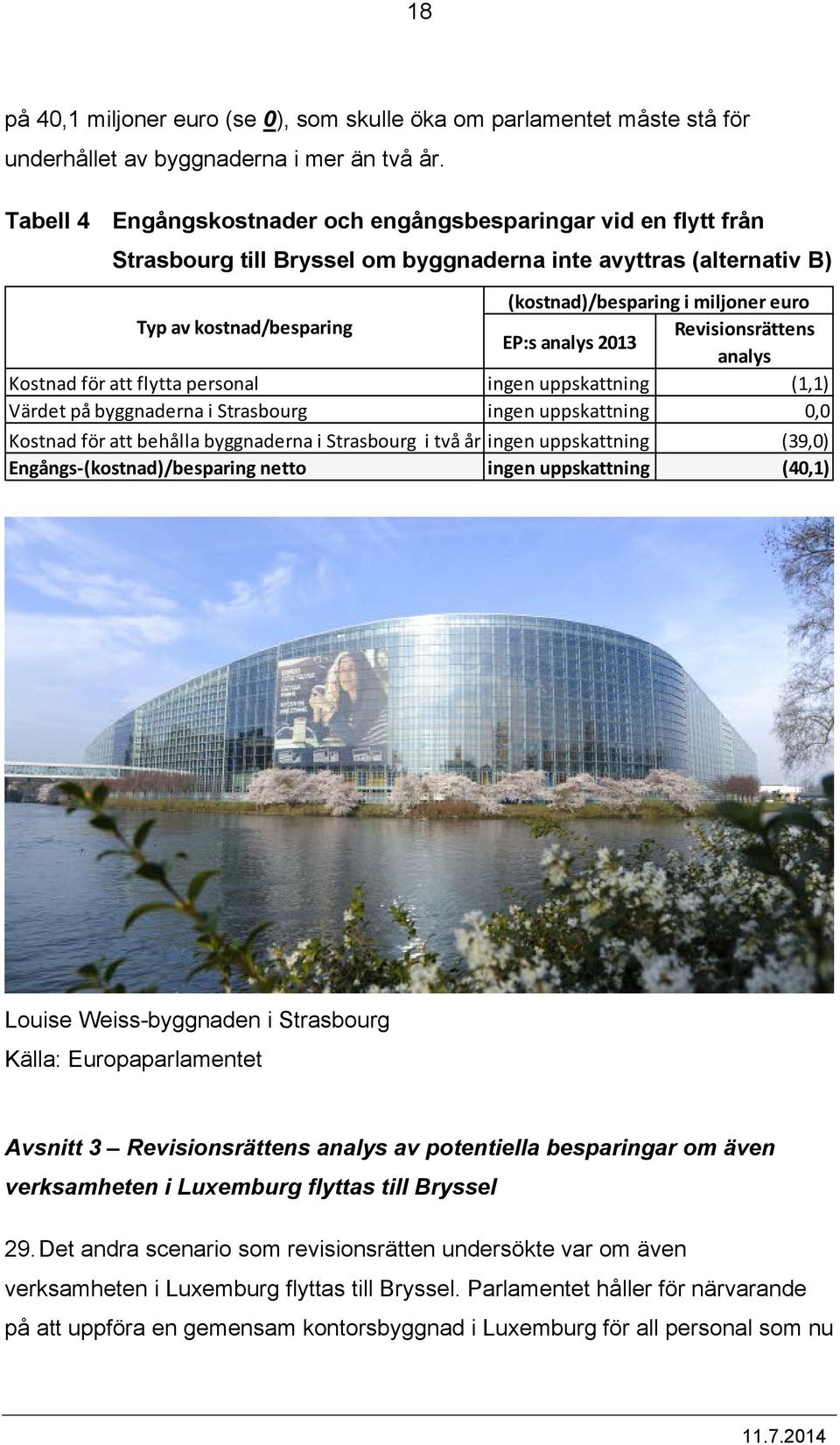 Revisionsrättens EP:s analys 2013 analys Kostnad för att flytta personal ingen uppskattning (1,1) Värdet på byggnaderna i Strasbourg ingen uppskattning 0,0 Kostnad för att behålla byggnaderna i