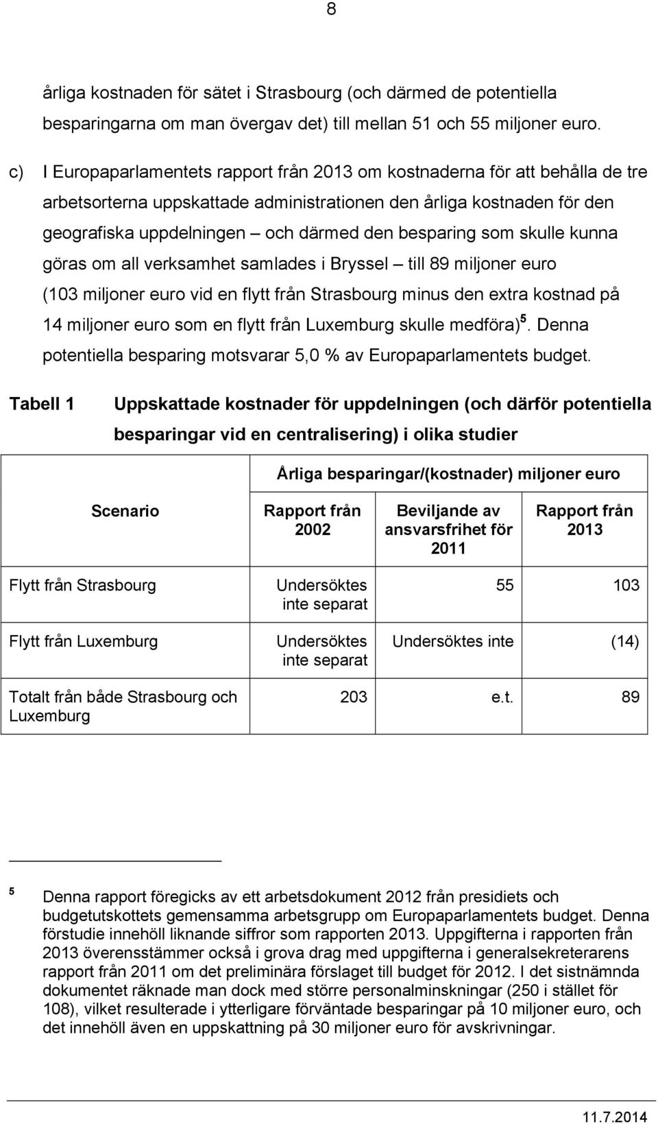 besparing som skulle kunna göras om all verksamhet samlades i Bryssel till 89 miljoner euro (103 miljoner euro vid en flytt från Strasbourg minus den extra kostnad på 14 miljoner euro som en flytt