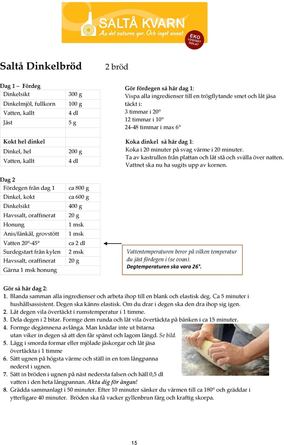 20 g Gör fördegen så här dag 1: Vispa alla ingredienser till en trögflytande smet och låt jäsa täckt i: 3 timmar i 20 12 timmar i 10 24-48 timmar i max 6 Koka dinkel så här dag 1: Koka i 20 minuter